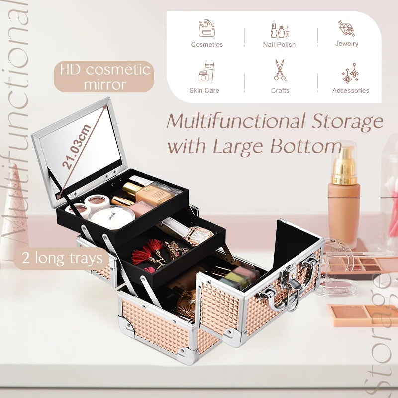 Makeup Case Portable Lock Alloy Unicorn Cosmetic Jewelry Nail Hair Accessories Storage Box with Mirror 2 Trays Make-up Suitcase.