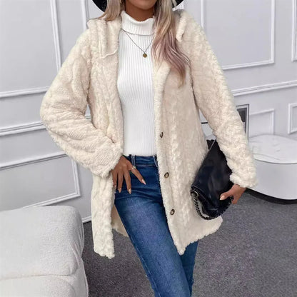 Women Cardigan Hoodie Jacket Autumn Winter Argyle Textured Pattern Hooded Irregular Hem Buttons Fleece Oversized Outerwear Coat.