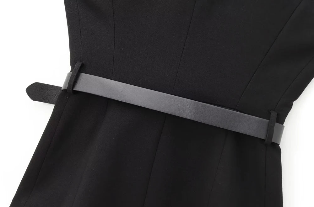 TRZA-Lange Damenweste mit Gürtel, Goldknopf vorne, O-Ausschnitt, ärmellose Weste, weibliche Oberbekleidung, schicke Oberteile, Mode.