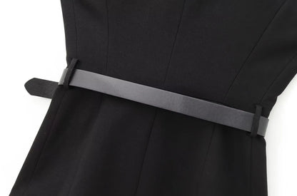 TRZA-Lange Damenweste mit Gürtel, Goldknopf vorne, O-Ausschnitt, ärmellose Weste, weibliche Oberbekleidung, schicke Oberteile, Mode.