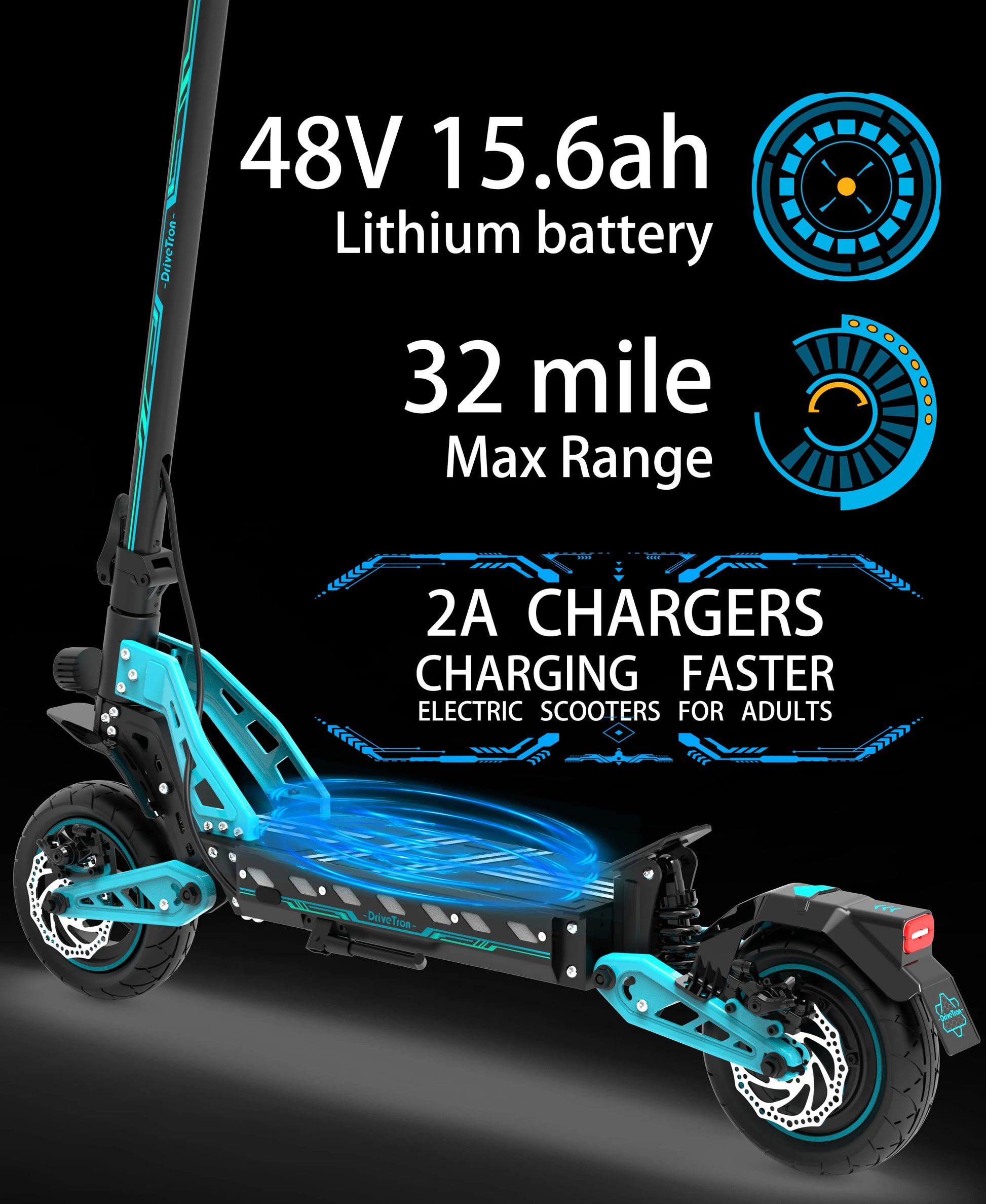 Drive Tron DT10 1000W Power Motor 48V 15.6AH Battery 10 Inch Folding Electric Scooter Off Road Electric Scooter.
