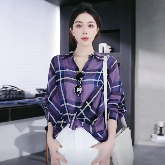 Elegant Twist Design Long Sleeve Shirt Polo Collar Checkered Slim Fit Versatile Top.