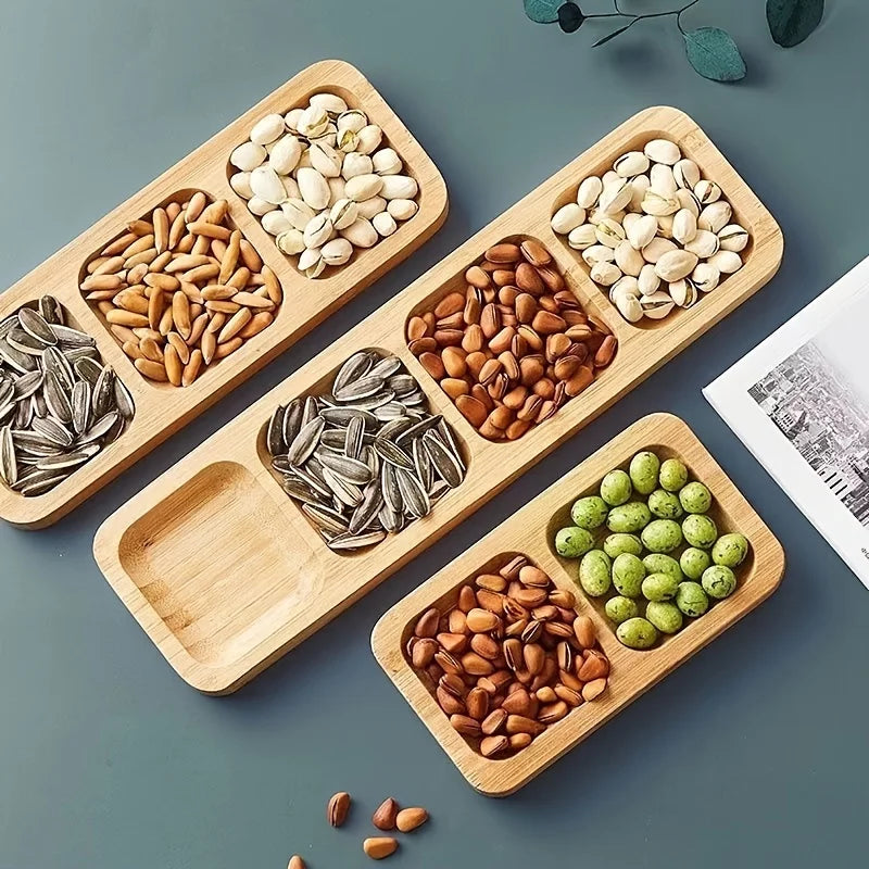 1pc Bamboo 4-Section Snack Serving Tray - Ideal for Nuts, Fruits, and Candies , Dining Area, or Zen Tea Room Decor.