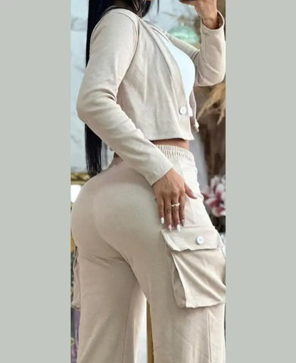 Autumn Fashionable And Elegant Solid Color Women's Suit Long-sleeved V-neck Short Coat Pocket Wide-leg Drawstring Trousers Suit.