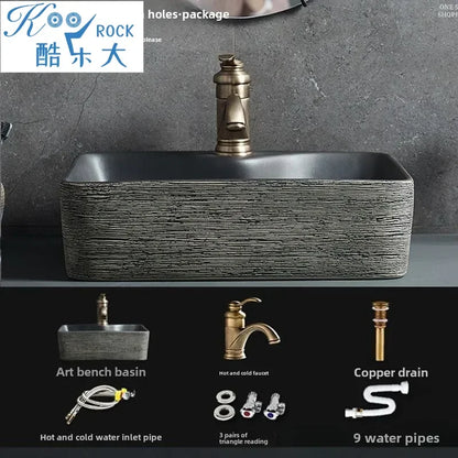 Jingdezhen Keramikgefäßwaschbecken – handgefertigtes rustikales Schwarz- und Sandkunstwaschbecken mit Spritzschutz-Design für den Badezimmer-Waschtisch individuell anpassbar