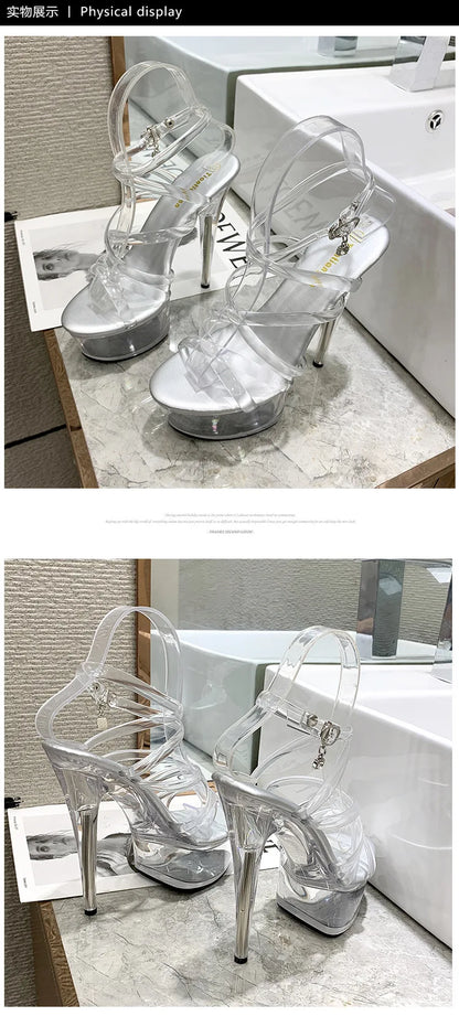 New 2024 Summer Fashion Sandals Sexy Open Toe 15CM High Heels Party Dress Wedding Nightclub Women Shoes Platform Stripper Heels