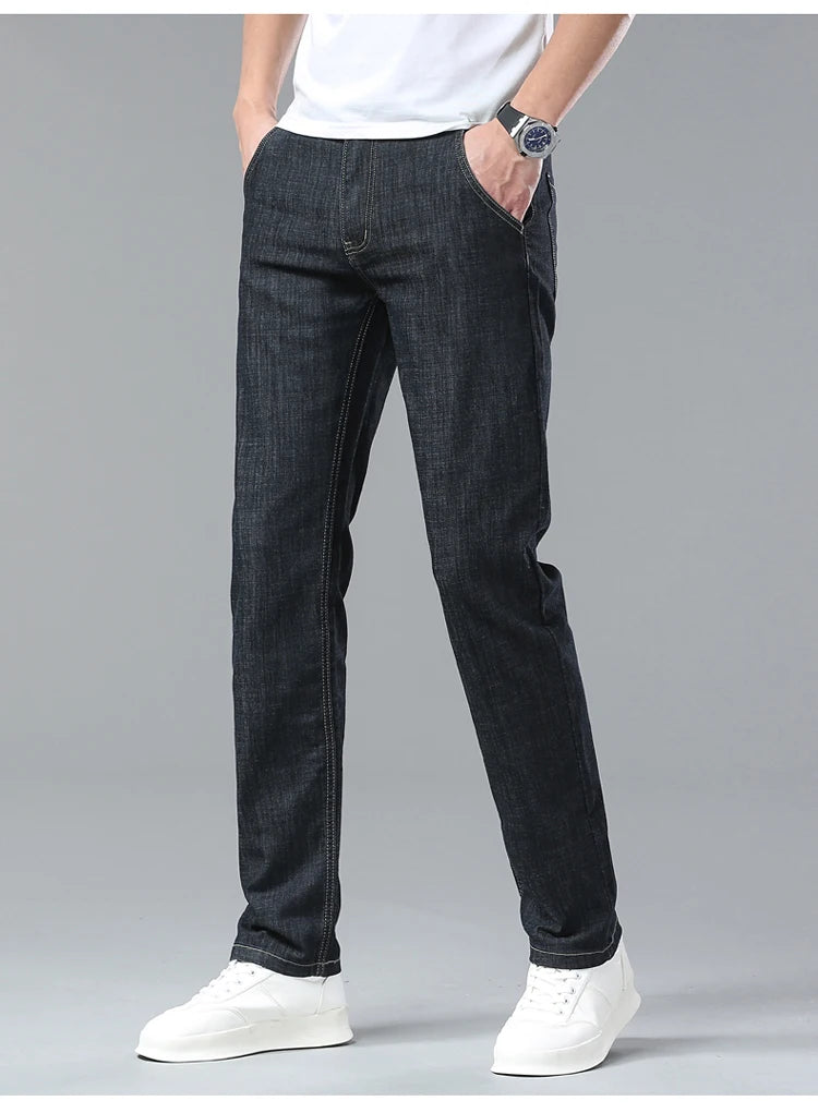 Men's Ice Silk Jeans Summer New Lyocell Thin Business Casual Denim Pants Classic All Match Slim Fit Straight Elastic Jean Male