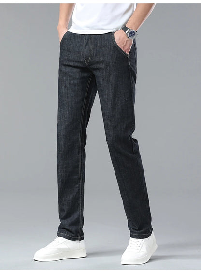 Men's Ice Silk Jeans Summer New Lyocell Thin Business Casual Denim Pants Classic All Match Slim Fit Straight Elastic Jean Male