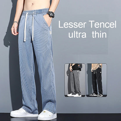 2024 Spring/Summer New Soft Lyocell Fabric Men's Jeans Thin Loose Straight Leg PantsDrawstring Elastic Waist Korean casual pants.