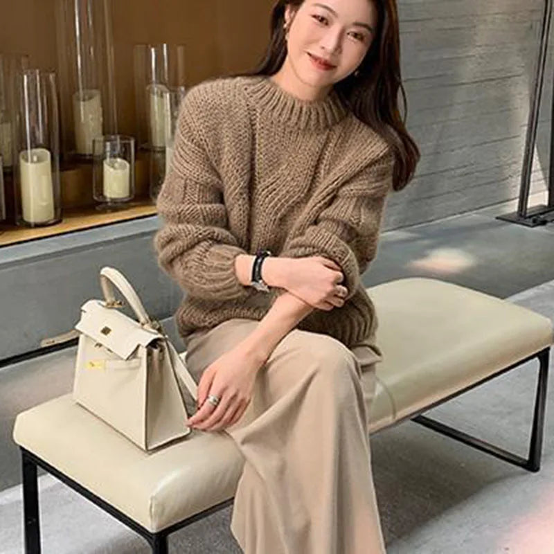 Biyaby Twist Gestrickte Pullover Frau Herbst Winter Faul Stil Oansatz Feste Pullover Frauen Casual Grundlegende Lose Pullover Damen.