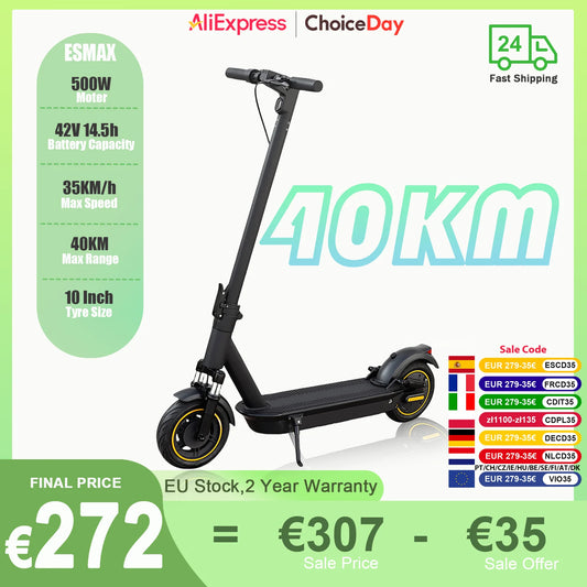 ATSANT ESMAX Electric Scooter 500W 42V14.5Ah 40KM Long Range 10Inch Pneumatic Flatproof Tyres Foldable Smart Adult Kick EScooter.