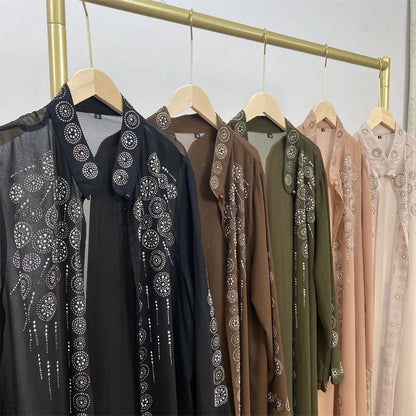 Luxury Diamonds Kimono Open Abayas for Women Muslim Dress Morocco Kaftan Dubai Turkey Party Gown Kebaya Islam Jalabiya Ramadan.