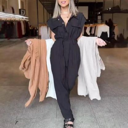 Elegant Women Jumpsuit Lapel Sleeveless Belt Design Romper with Pockets Solid Color Wide Leg Pants Versatile Jumpsuit.