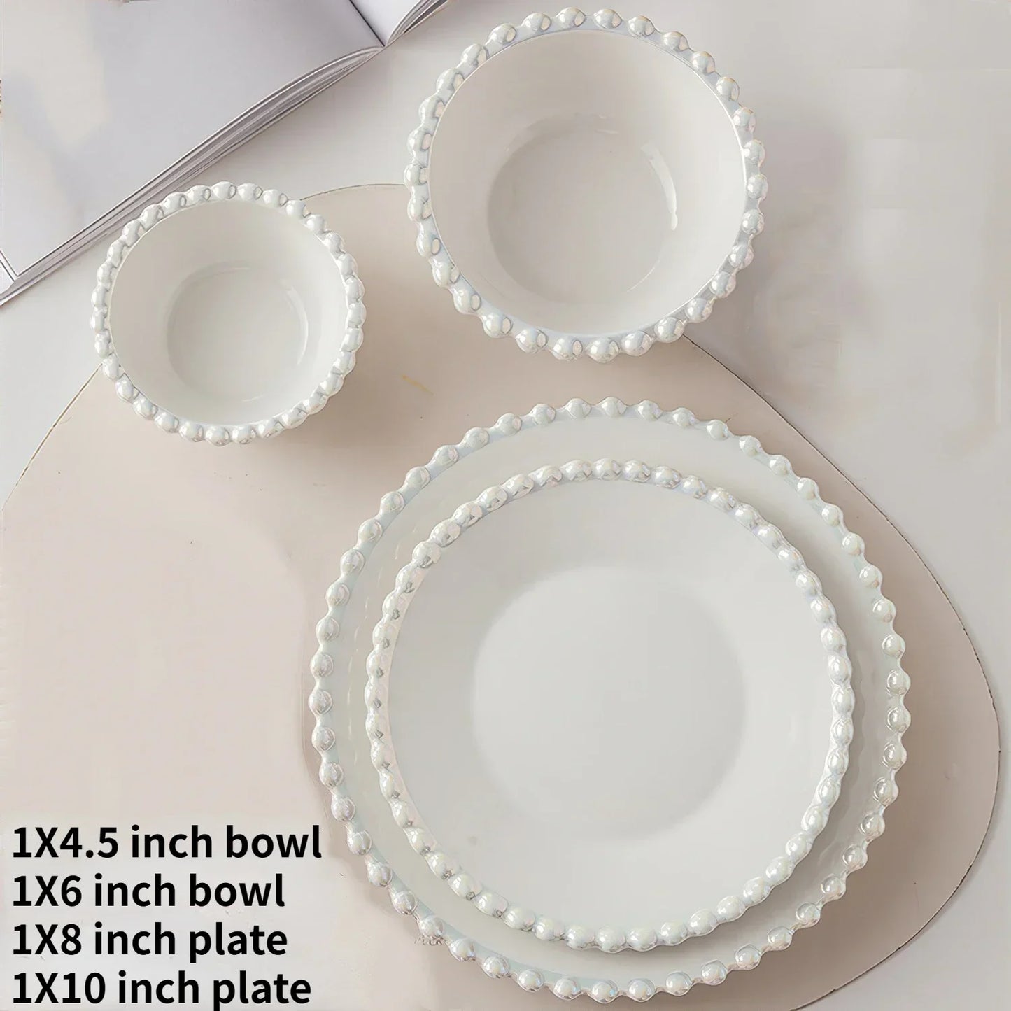 Ceramic Tableware Set Nordic Creative Pearls Beaded Edge Western Food Snack Plate Rice Bowl Soup Bowl Steak Plate Set Kitchen