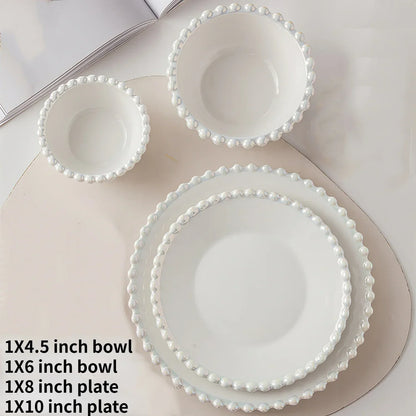 Ceramic Tableware Set Nordic Creative Pearls Beaded Edge Western Food Snack Plate Rice Bowl Soup Bowl Steak Plate Set Kitchen