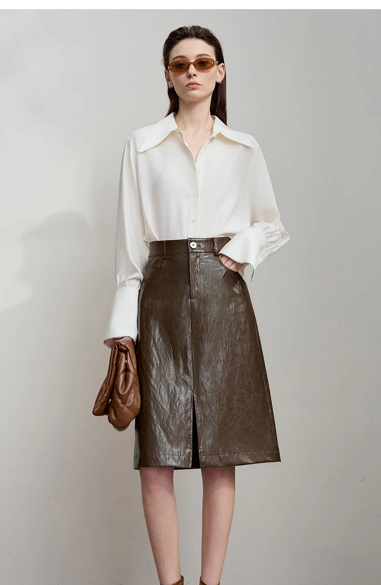 AMII Minimalist PU Leather Skirt For Women 2025 American Retro Knee-Length Skirt Solid Basics Business Women's Clothing 12553014