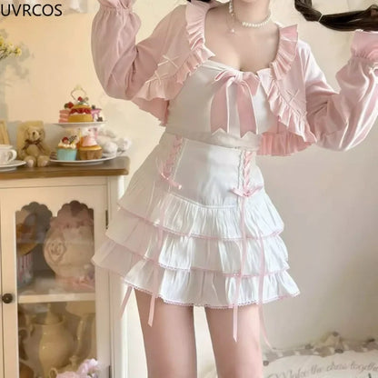 Japanese Kawaii Lolita Style Pleated Skirts Women High Waist Pink Bandage Fairy Y2k Aesthetic Skirt Cute Faldas Mujer Moda 2024.