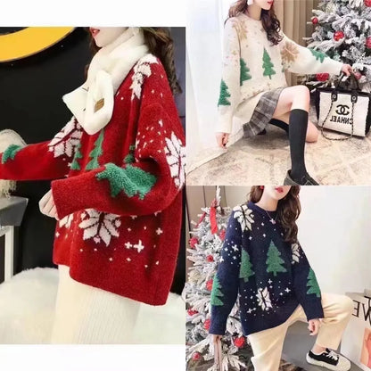 2024 Autumn/Winter New Korean Thickened Color blocked Christmas Sweater Women Hoodie Snowflake Loose Round Neck Lazy Style Tops.