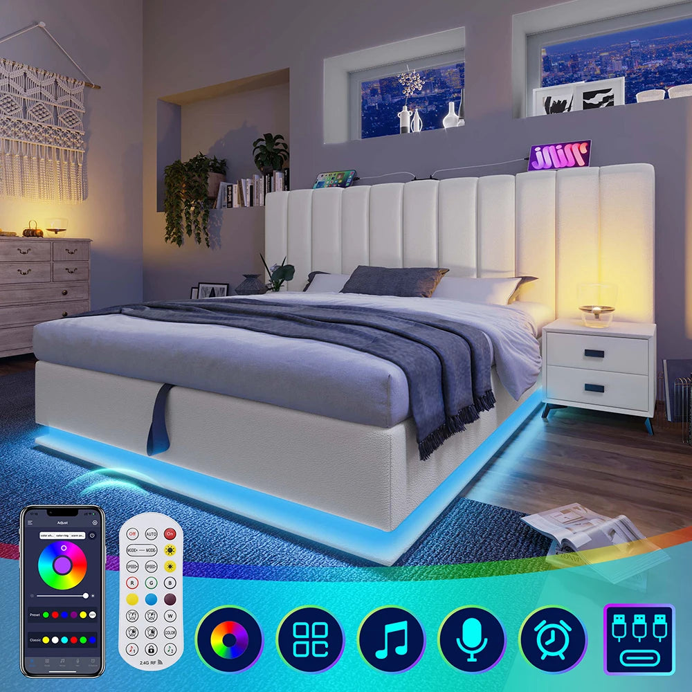 KOMHTOM Polsterbett, Stauraumbett mit LED und USB-C Ladefunktion, PU (Ohne Matratze und Nachttisch)