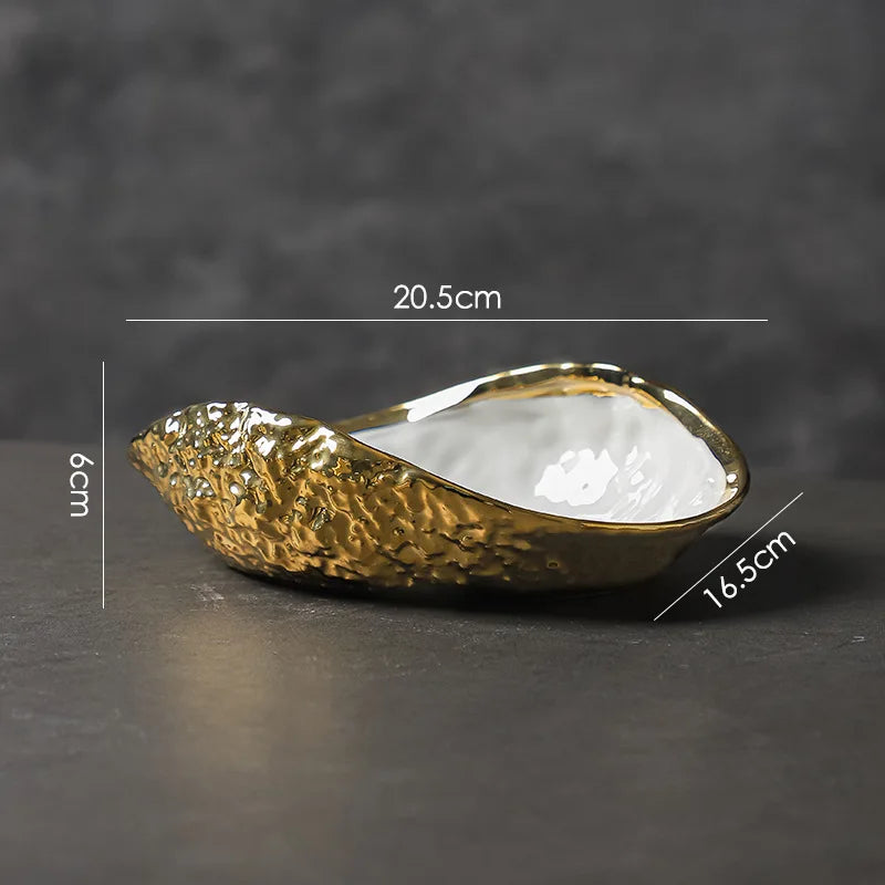 Shell-shaped Plate with Rock Pattern Household Gold-plated Ceramic Steamed Fish Soup Plate Hotel Fruit Salad Dessert Tableware.