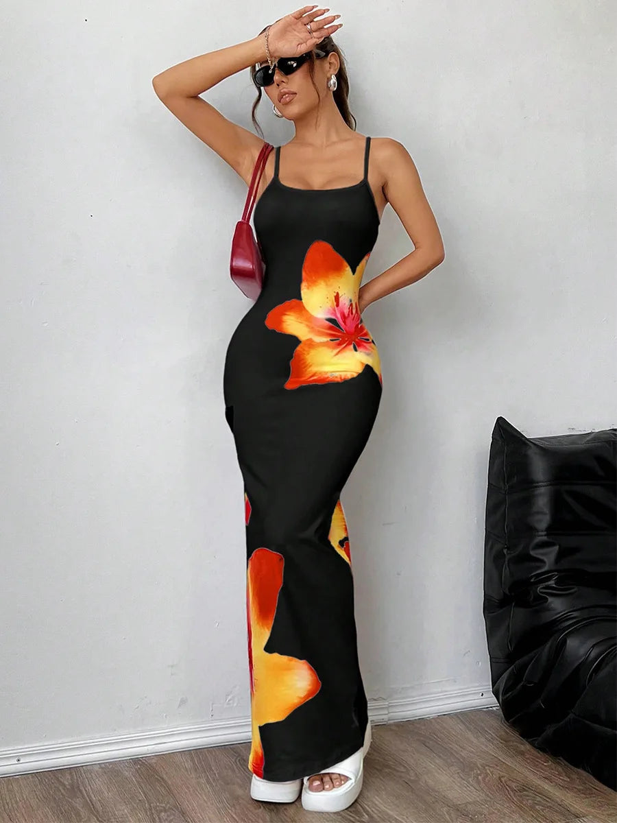 Frauen Floral Bedruckte Spaghetti Strap Slash Neck Maxi Kleid Sommer Backless Sexy Bodycon Strand Urlaub Urlaub Party Lange Dresse.