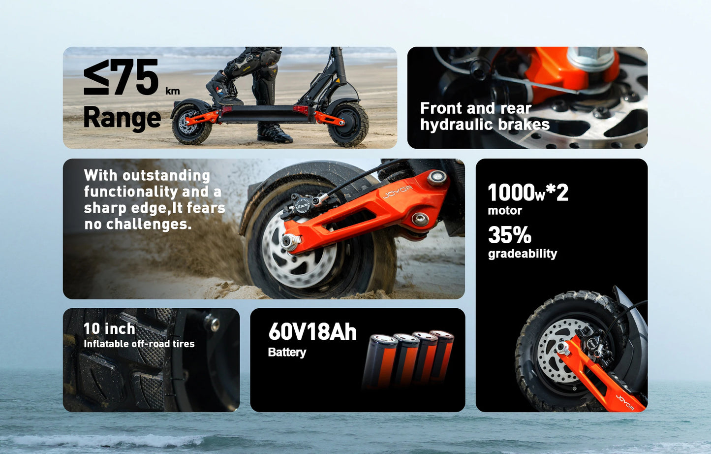 JOYOR T10 Folding Electric Scooter, Dual 1000W Motor, 10 inch Off-road Adults E-scooter with 60V 18Ah Battery.