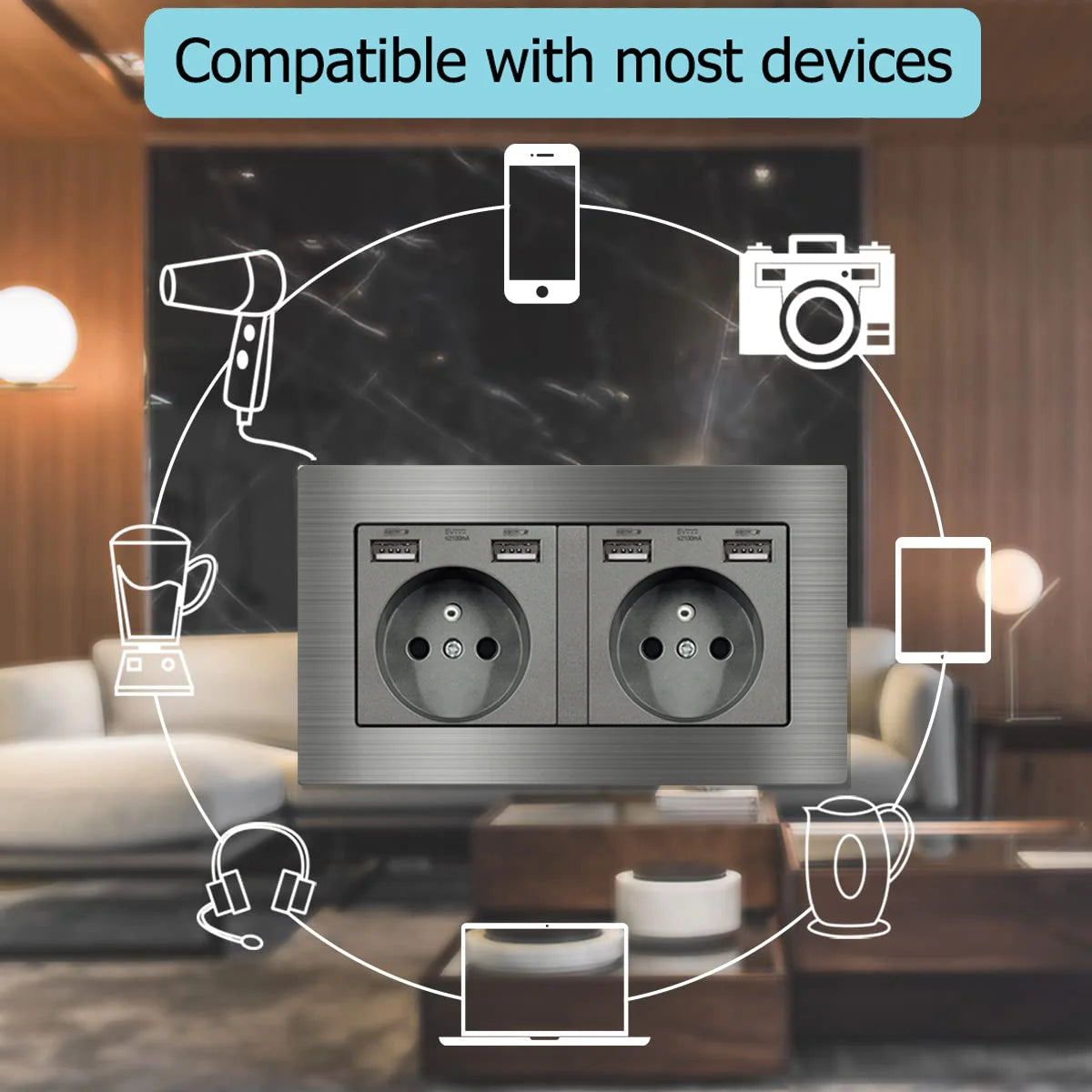 EIOMR Frankreich Standard-Steckdose, graue Aluminiumlegierung, Lichtschalter, RJ45, Fernseher, 220 V, 16 A, Wandsteckdosen für Haushaltsgeräte.