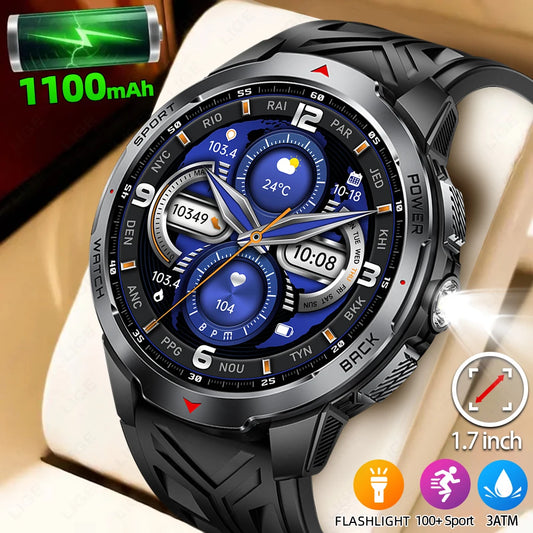 LIGE New For HUAWEI XIAOMI 1100mah Smart Watch Men Compass Flashlight 3ATM Waterproof Sports Fitness Bluetooth Call Smartwatch.