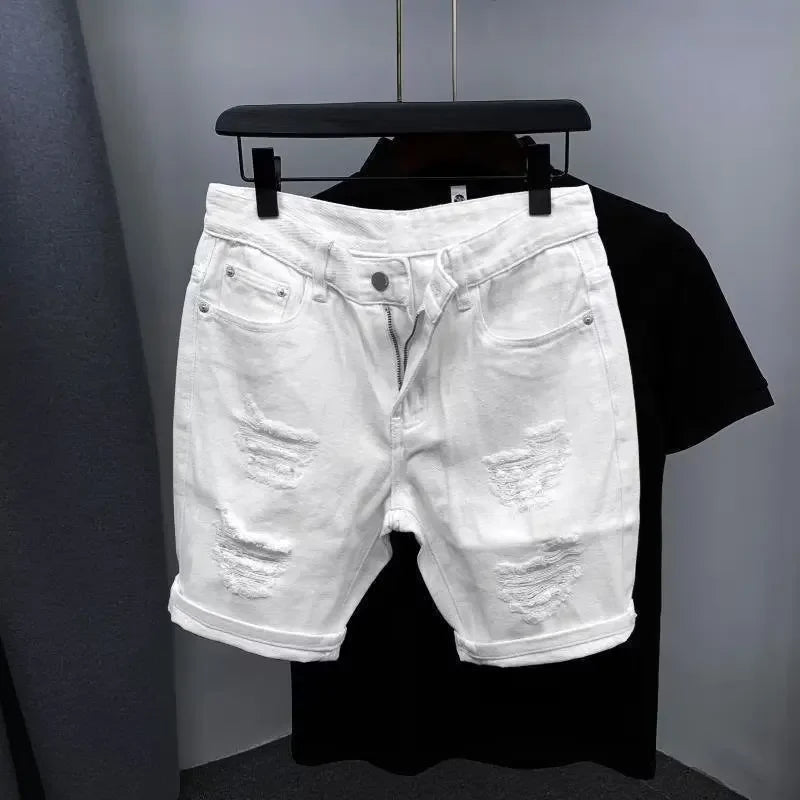 New Men's Denim Shorts Trendy Solid Color Ripped Slim Fit High Waist Elastic Waist Breathable Quick Dry Cotton Pants.