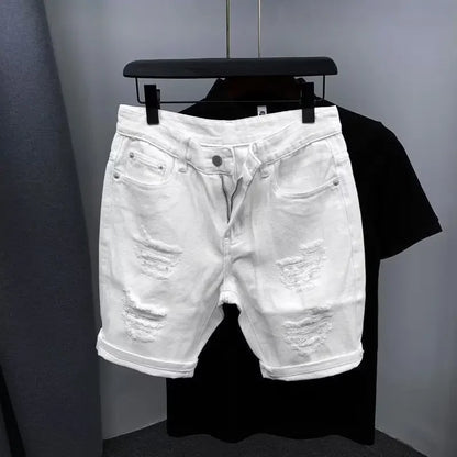 New Men's Denim Shorts Trendy Solid Color Ripped Slim Fit High Waist Elastic Waist Breathable Quick Dry Cotton Pants.