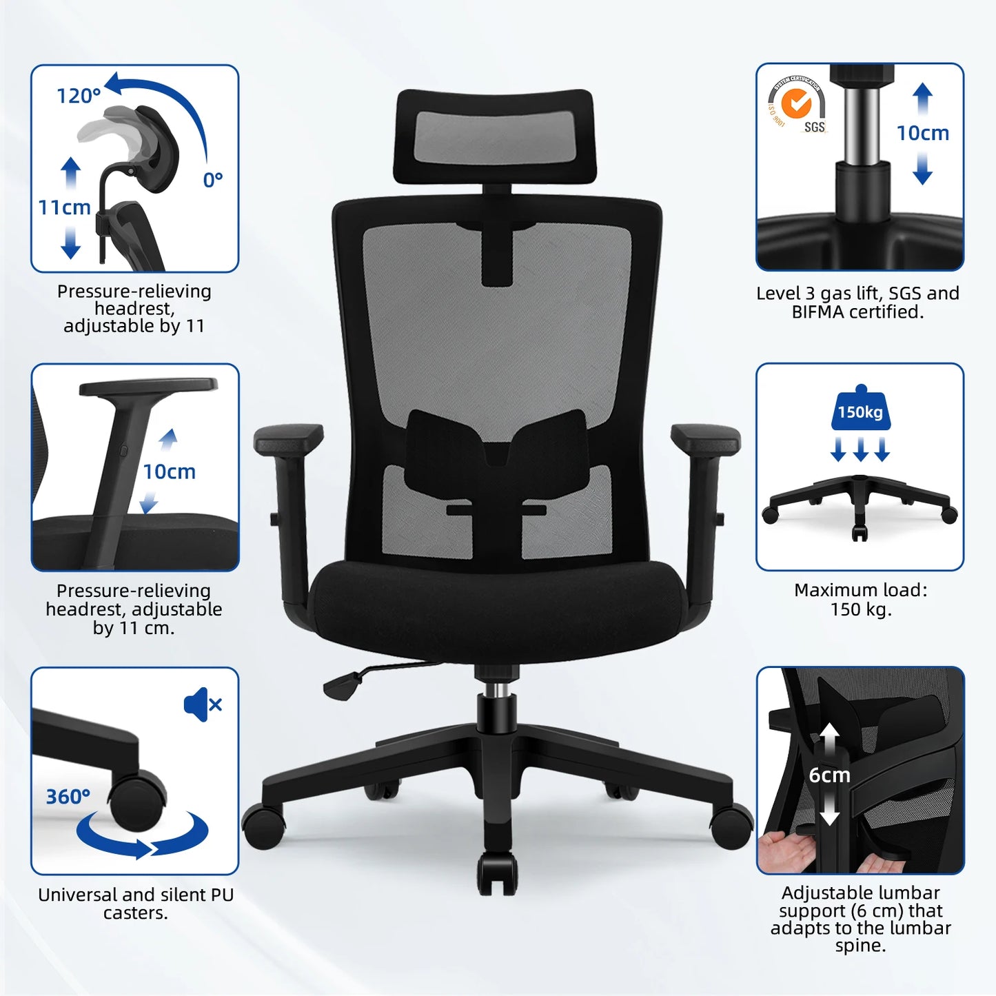 AUTHMIC Ergonomischer Bürostuhl, Netzrückenlehne, verstellbare Armlehnen, Lordosenstütze, drehbarer Schreibtischstuhl für das Heimbüro