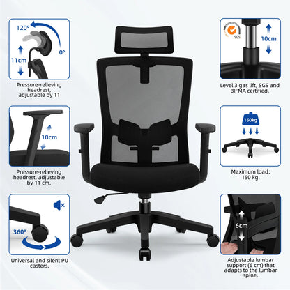 AUTHMIC Ergonomischer Bürostuhl, Netzrückenlehne, verstellbare Armlehnen, Lordosenstütze, drehbarer Schreibtischstuhl für das Heimbüro
