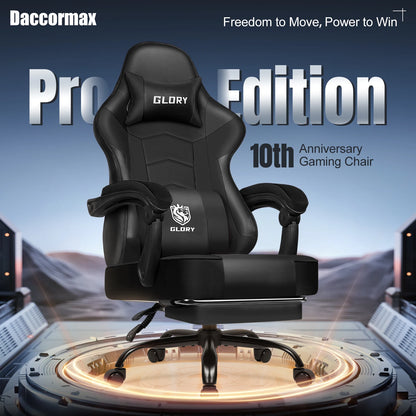 Daccormax Ergonomischer Gaming-Stuhl mit verstellbarer Lordosenstütze und Kopfstütze, Design mit hoher Rückenlehne + faltbarer Fußstütze für PC-Gamer