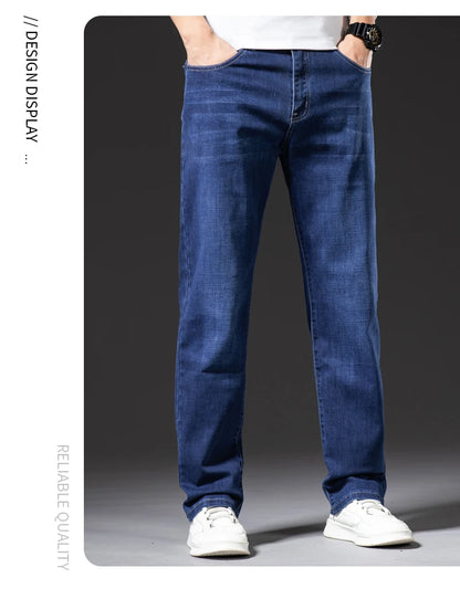Große Größe 40, 42, 44, 46, lockere, gerade Jeans für Herren, Herbst, neue Business-Casual-Stretchhose, klassische blaue Denim-Hose für Herren.
