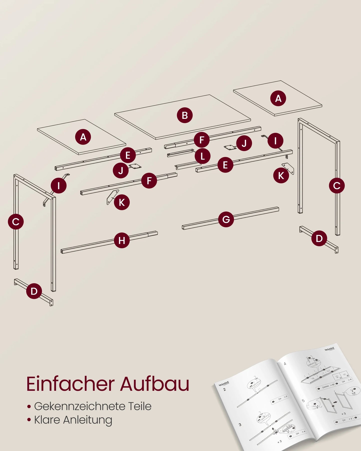 VASAGLE Schreibtisch,  Computertisch, Bürotisch, für Arbeitszimmer, Schlafzimmer, 50 x 100 x 75 cm, Industrie-Design