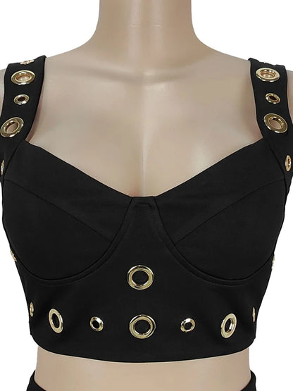 Kricesseen Gorgeous Metal Eyelet Wide Legs Pants Set 2 Piece Outfits Stylish Bustier Top And Holes Trousers Suits Set Clubwear.