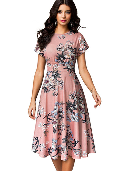 Nice-forever Vintage Elegante Blumen Druck Plissee Rundhals vestidos A-Line Pinup Business Party Frauen Flare Swing Kleid A102