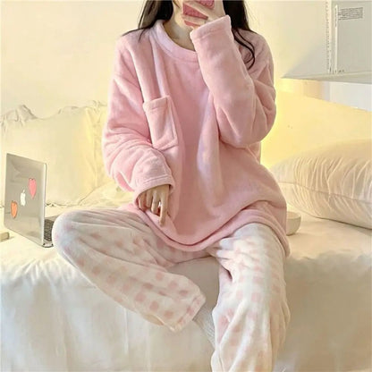 Fleece-Pyjama-Set für Damen, dick, warm, Winter-Nachtwäsche, lässig, solides Oberteil und karierte Hose, weiches Pyjama-Set für Damen, Heimanzug.