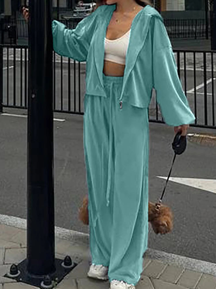 Women Autumn Hooded Coat Two Pieces Sets, Solid Patchwork Wide Leg Pants Chic Outfit, New Long Sleeve Casual Simple Ladies Suits.