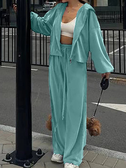 Women Autumn Hooded Coat Two Pieces Sets, Solid Patchwork Wide Leg Pants Chic Outfit, New Long Sleeve Casual Simple Ladies Suits.