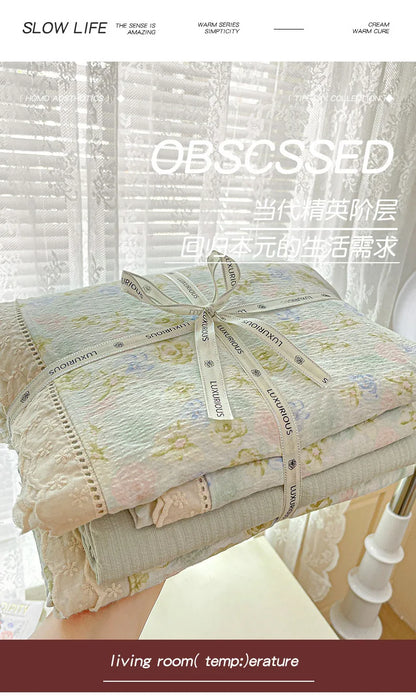 2025 new small fresh printing French lace lace double four-piece set bedding wrinkled yarn student three-piece set.