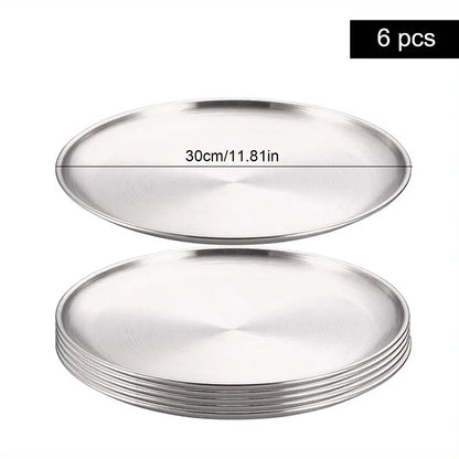 6Pcs High Quality Stainless Steel Bone Spitting Dish Silver Colors Shallow Tray Metal Dining Disc Fruit Meat Round Plate.