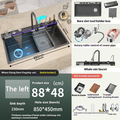 Waterfall Stainless Steel Kitchen Sink Intelligent Digital Display Faucet Large Single Slot Dishwash Bowl Wash Vegetables Basin