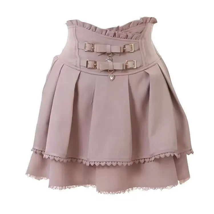 Jirai Kei Sweet Lolita Skort 2024 Summer - Double Bowknot High Waist Short Skirt with Leather Buckle Slim Fit Adjustable Waist