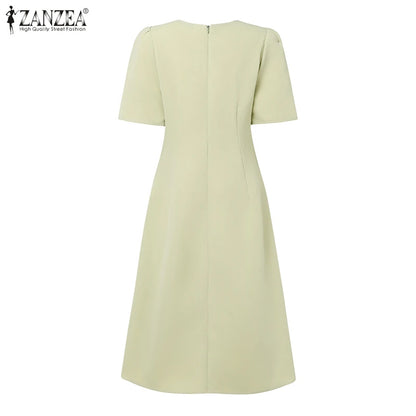 ZANZEA Elegante Büro Frauen Kleider Sommer Stilvolle Solide Party Arbeit Kleid Mode Kurzarm Plissee Vestidos Midi Sommerkleid.