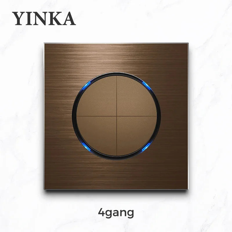 YINKA Schaltersteckdose, Aluminium, gebürstetes braunes Panel mit LED-Anzeige, EU-Steckdose, Schalttafel, elektrischer Lichtschalter, AC110–250 V, NET.