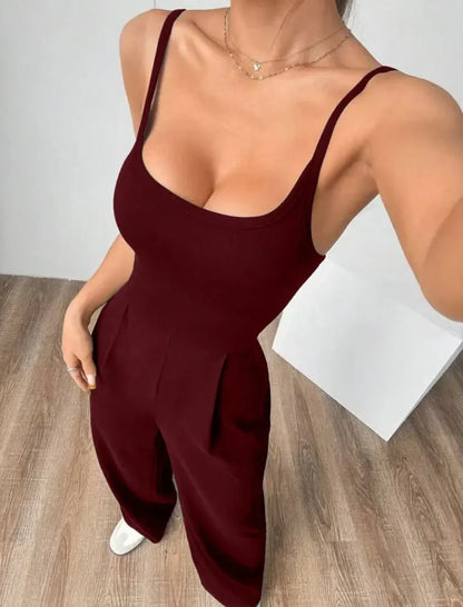 Fashionable Solid Color High Waist Bell Bottom Jumpsuit Backless Strap Casual Women's Long Pants One Piece Suit Female.