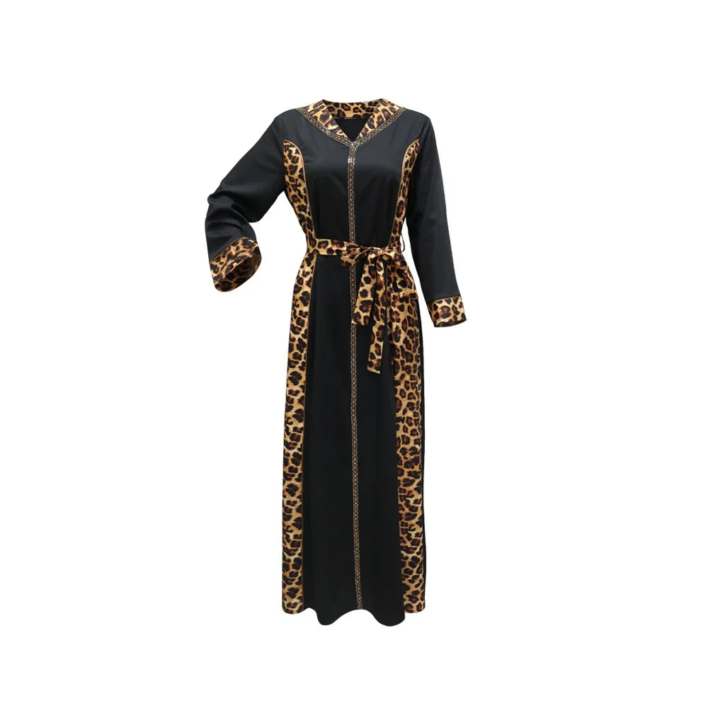 Elegantes arabisches Frauen-Partykleid, afrikanischer V-Ausschnitt, Leopardenmuster, langärmelig, Abaya, modische muslimische Dame, Urlaubskleid, islamische Kleidung
