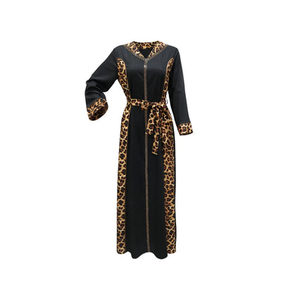 Elegantes arabisches Frauen-Partykleid, afrikanischer V-Ausschnitt, Leopardenmuster, langärmelig, Abaya, modische muslimische Dame, Urlaubskleid, islamische Kleidung