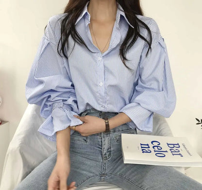 oose Stripe Women Shirts 2025 Fashion Lapel Collar Long Sleeve Shirt Elegant Classic Top.